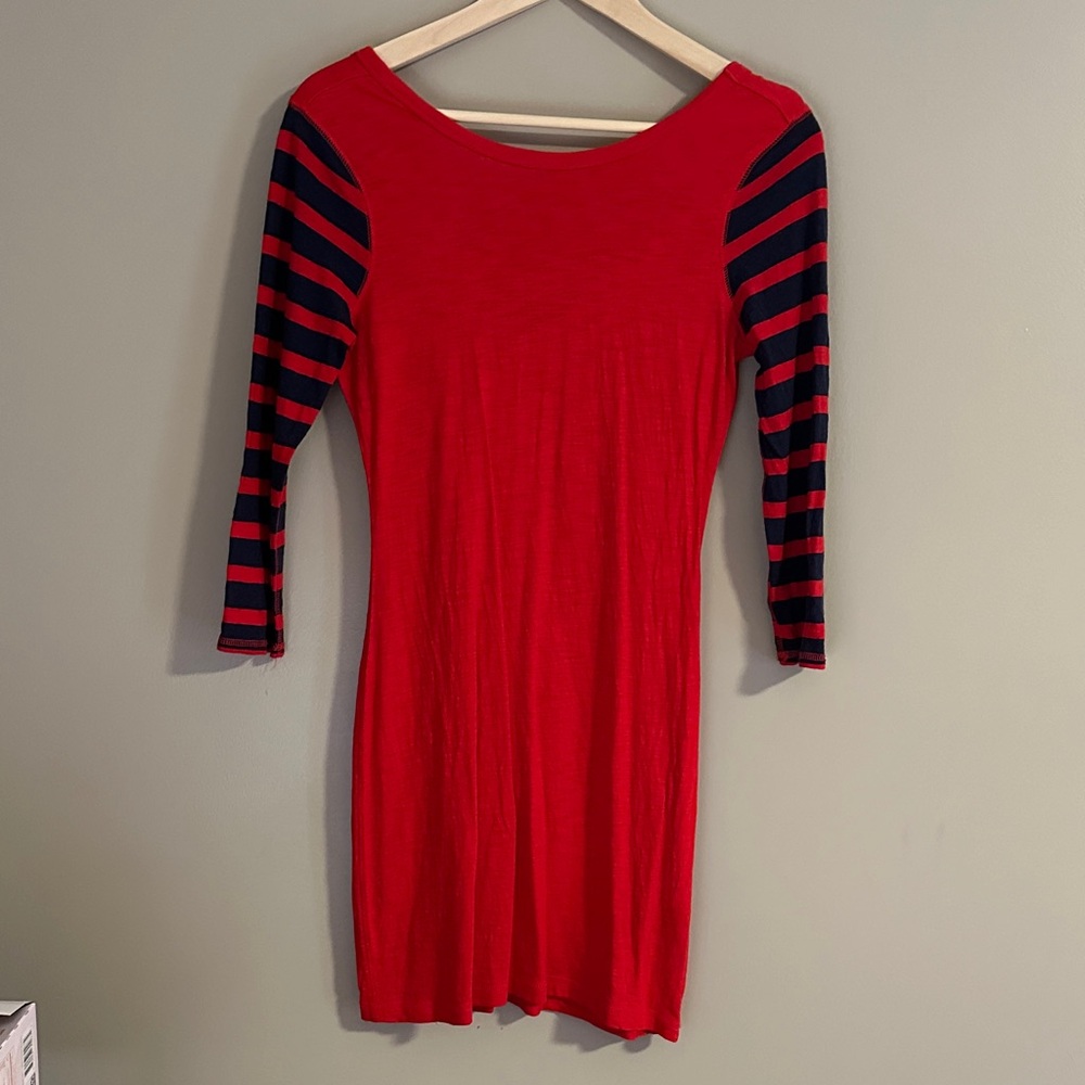 Express Red Dress with Black Striped Sleeves